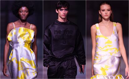 Tres de los diseños presentados por Miguel Vieira en la Portugal Fashion, el 17 de marzo de 2023.