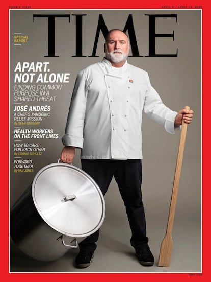 José Andrés ilustra la portada del número de abril de la revista Time. El cocinero asturiano que ya fue reconocido en 2012 y en 2018 por la citada publicación como una de las 100 personas más influyentes del mundo, protagoniza un especial titulado Apart not alone (Separados pero no solos), donde se analizan los esfuerzos de diferentes figuras relevantes que tratan de encontrar un propósito común para hacer frente a la amenaza compartida del Covid-19. En el caso de José Andrés el acento se pone en su proyecto humanitario World Central Kitchen, cuyo objetivo es alimentar a la gente en tiempo de crisis.