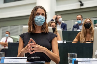 La portavoz de Más Madrid, Rita Maestre durante el pleno extraordinario. Detrás, el gallinero.