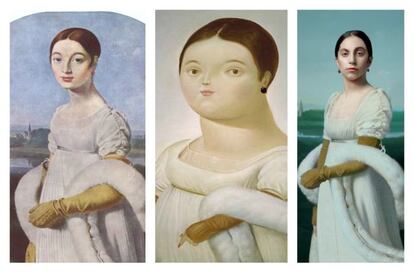 La obra de Ingres ha cruzado fronteras y siglos. Un claro ejemplo es el retrato de 'mademoiselle' Rivière, una dama representada a la moda de la época, con el exquisito cuidado que ponía el pintor en la pintura de los tejidos y de los complementos. Era una artista interesado y seguidor de la moda y sus retratos son catálogos de vestidos y adornos, sobre todo femeninos. El colombiano Fernando Botero, pinta a Caroline Rivière siguiendo su estilo (en el centro) y Robert Wilson, escenógrafo y artista estadounidense, lleva a Lady Gaga al Museo del Louvre con un vídeo en el que aparece la cantante como si del retrato de Ingres se tratara (a la derecha de la imagen).