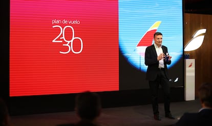 El presidente de Iberia, Marco Sansavini, esta mañana en Madrid durante la presentación de Plan Vuelo 2030.