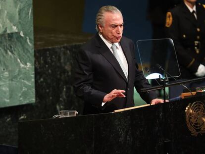 O presidente Michel Temer discursa na ONU.