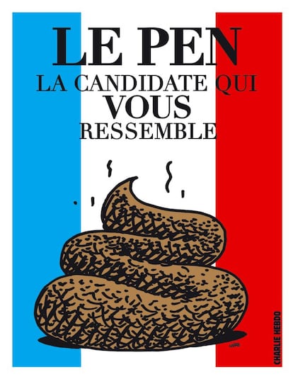 La lder del Front Nacional francs, Marine Le Pen, tamb ha estat objecte de la stira de 'Charlie Hebdo'. El novembre del 2013 la dirigent poltica va qualificar el setmanari d'"intil i innoble", desprs que li dediqus una portada i el cartell electoral que es veu a la imatge.