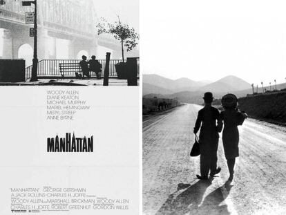 A l'esquerra, cartell de 'Manhattan' (Woody Allen, 1979), de Burt Kleeger. A la dreta, l'escena final de 'Temps moderns' (Charles Chaplin, 1936).