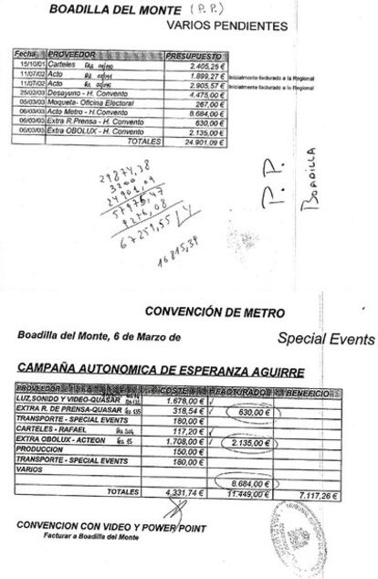 El folio de la izquierda es un manuscrito interceptado a la red, en el que aparecen los gastos generados en Boadilla por el PP y González Panero. También se ve el reparto que se hace entre las empresas. Los otros dos documentos son facturas de Correa al PP, cuyos datos coinciden con la cantidad que abonan FCC y Sufi.