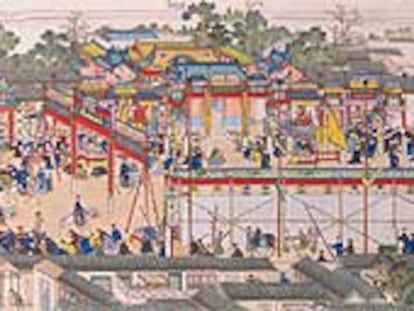Una de las pinturas realizadas sobre rollos de seda que se exhiben en la exposición de Versalles sobre el reinado del emperador Kangxi.