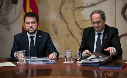 El vicepresident i el president del Govern, Pere Aragonès i Quim Torra, en la reunió de dimecres.