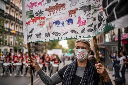 Un hombre lleva un cartel durante la manifestación "Renovables sí, pero no así", este sábado en Madrid.