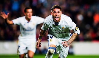 Ramos celebra su gol en el Camp Nou