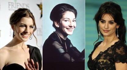 Anne Hathaway, a la izquierda, Maria Callas (en el centro) y Penélope Cruz.