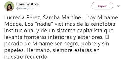 Tuit de la concejal Rommy Arce por el que se la acusa de un delito de injurias.