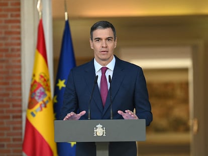 Pedro Sánchez, durante su intervención en La Moncloa.