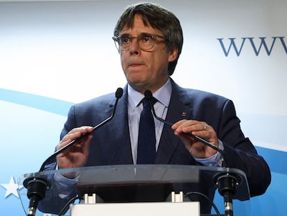 El líder de Junts, Carles Puigdemont, en una rueda de prensa desde Bruselas.