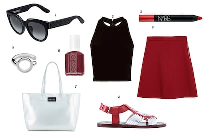 1. Bottega Veneta Gafas de sol con montura de pasta. 2. Alice + Olivia Top con escote halter. 3. Nars Labial. 4. Zara Falda evas. 5. Aristocrazy Ear cuff de plata. 6. Essie Laca de u?as. 7. Bimba y Lola Tote trenzado tricolor. 8. Bimba y lola Sandalia plana con toques metalizados.