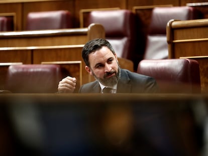 El líder de Vox, Santiago Abascal, durante el pleno celebrado el pasado miércoles en el Congreso de los Diputados en Madrid.