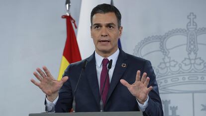 El presidente del Gobierno, Pedro Sánchez, durante su comparecencia en La Moncloa el pasado domingo..