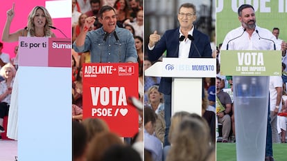 La candidata de Sumar, Yolanda Díaz; el presidente del Gobierno, Pedro Sánchez; el líder del PP, Alberto Núñez Feijóo y el candidato de Vox, Santiago Abascal; en los actos de cierre de campaña este viernes.