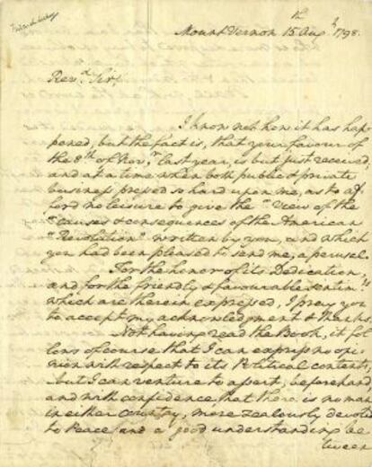 Carta manuscrita de George Washington al reverendo Jonathan Boucher.