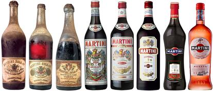 Algunas de las botellas de Martini desde 1863 hasta 2017.