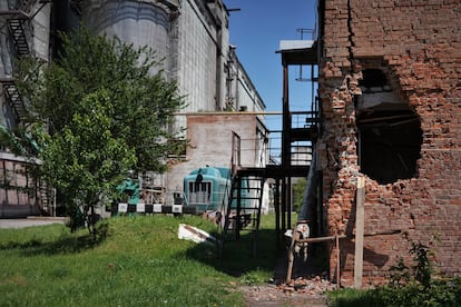 Daños causados por el Ejército ruso en uno de los silos del granero Mlybor, en Chernihiv.