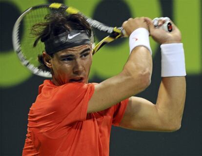 Rafa Nadal, durante el partido ante Karol Beck, en Doha.