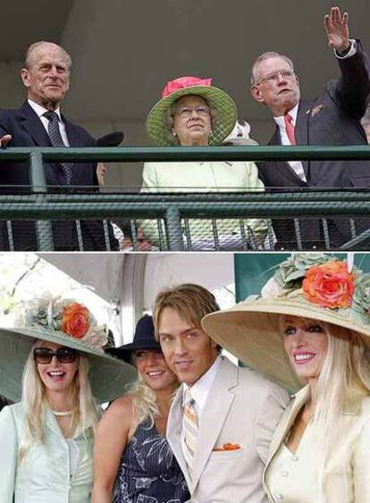 Isabel II y Felipe de Edimburgo (arriba), y Larry Birkhead, en el hipódromo de Kentucky.