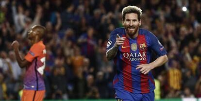 Messi celebra el tercer gol contra el Manchester City.