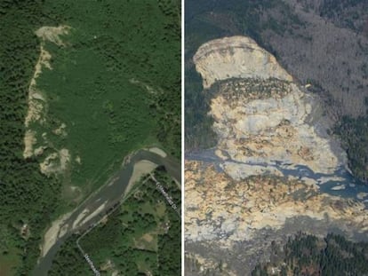 La localidad de Oso (Washington) antes y después del depredimiento de tierra.