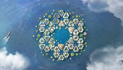Reproduction of the floating city, capable of housing 10,000 people and made with materials respectful of marine ecosystems.