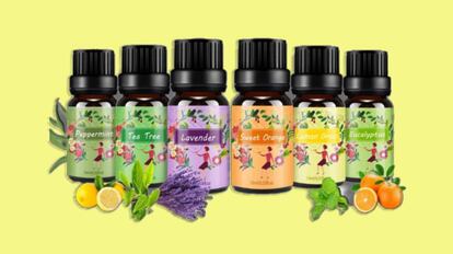 Lote de múltiples aceites esenciales para aromatizar la casa: aromas de lavanda, árbol de té, eucalipto, menta, naranja dulce y hierba de limón.