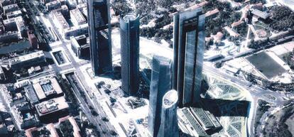 Recreaci&oacute;n de la quinta torre, a la derecha, junto a las ya construidas en el Paseo de la Castellana.