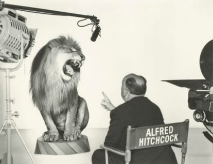 El maestro del suspense aparece en esta fotografía con el león de MGM, cuando se encontraba promocionando la película 'Con la muerte en los talones'