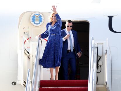First Lady of the United States Jill Biden, waves as she arrives in Nairobi, Kenya, Friday, February24, 2023 for a visit to the country.