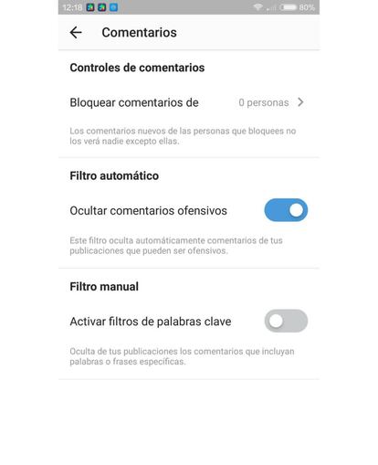 Este es el menú desde el que podemos bloquear los comentarios ofensivos en Instagram