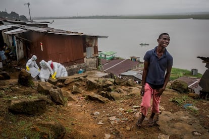 Eric Gweah, de 25 anos, chora a perda de seu pai, Ofori Gweah, de 62, possivelmente vitimado pelo ebola, enquanto a Cruz Vermelha retira seu corpo. O registro ocorreu no bairro de Rock Spring Valley, na capital liberiana, em 18 de setembro de 2014.