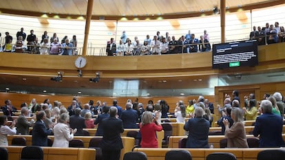 Senadores aplauden a la bancada de visitantes venezolanos en una sesión plenaria en el Senado de España, este miércoles en Madrid.