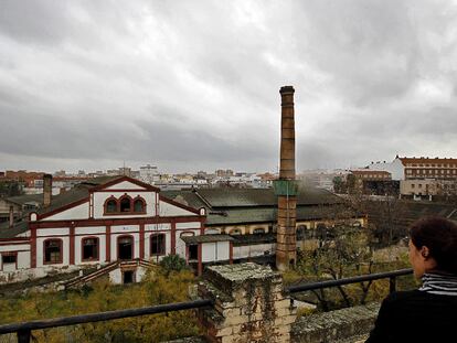 Una mujer observa el complejo industrial de la antigua fábrica de vidrio La Trinidad de Sevilla.