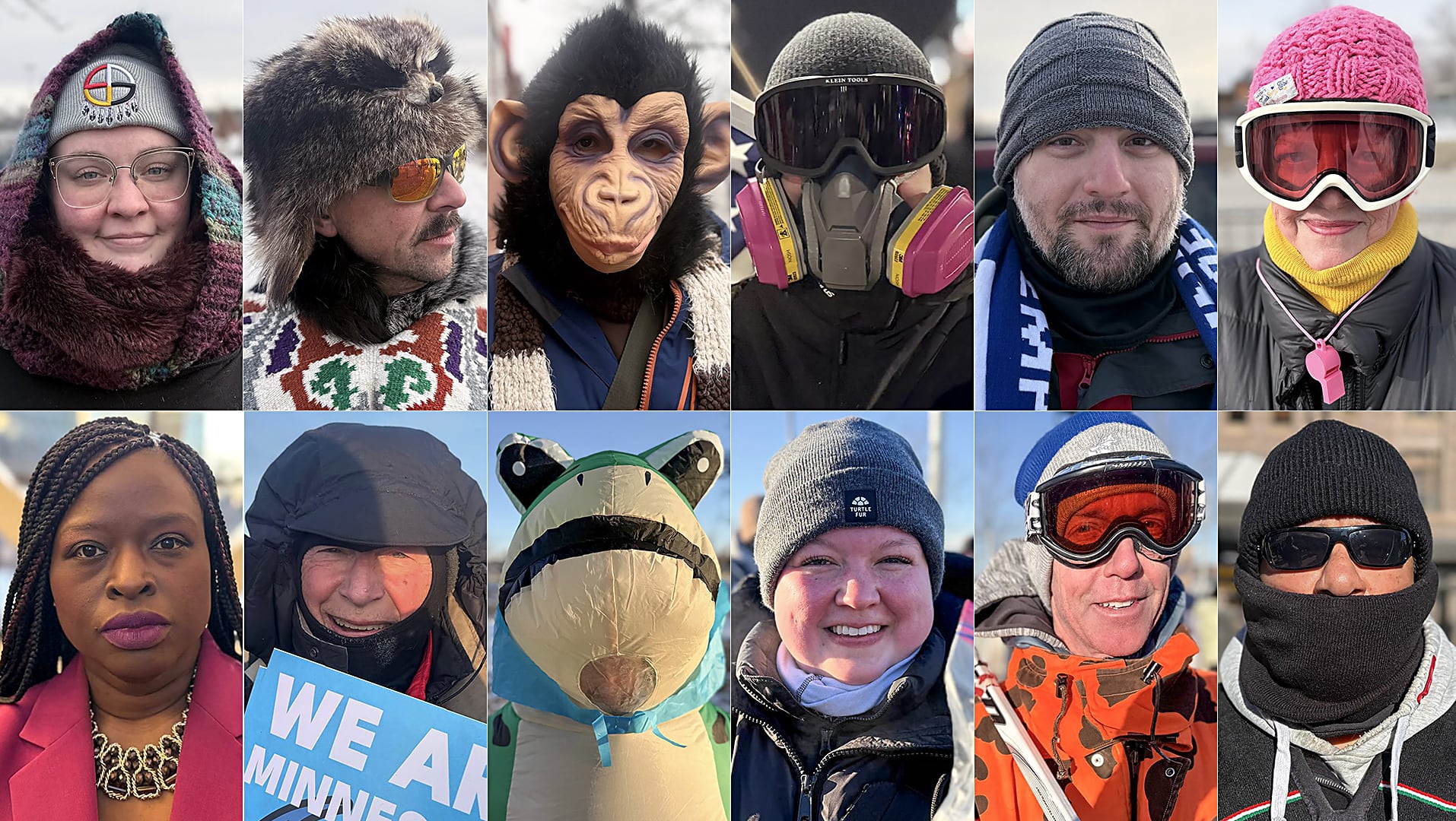 Las caras de la protesta en Minneapolis. En la fila de arriba, de izquierda derecha, Sarah Charging, Mike Camilleri, Abe Eversman tras una máscara de primate,, Josiah Myeog, Julie Prokes y Lesley Ernst. Abajo, también de izquierda a derecha, Nekima Levy Armstrong, Jim Winterer, una mujer vestida de rana, Cathy Anderson, Joey Keillor y Rogelio Aguilar.