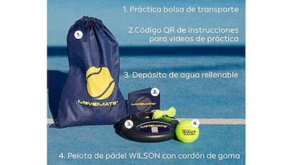 Dispositivo para entrenar al pádel sobre fondo blanco.