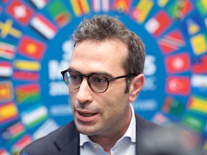 El ministro de Economía español, Carlos Cuerpo, este jueves, en la sede del Banco Mundial, en Washington.