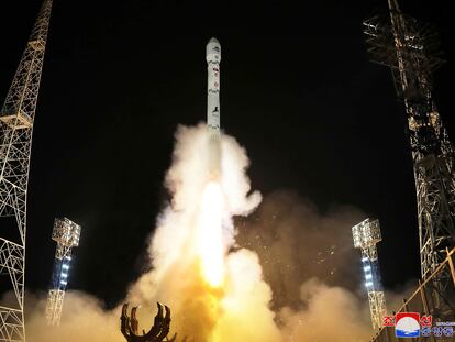 This photo provided by the North Korean government shows what the country said is the launch of the Malligyong-1, a military spy satellite, into orbit on Nov. 21, 2023.