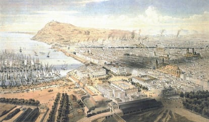 Grabado de 1850 de Alfredo Guesdon en la que se ve el frente litoral de Barcelona. En el centro los edificios que formaban parte del Pla de Palau, entre ellos la Llotja de Mar.