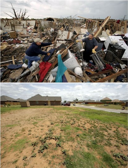 En la imagen de arriba, Dalton Sprading, izquierda, rescatan un arma que ha encontrado su tío Roger Craft entre los escombro de su casa tras el paso del tornado en Moore, 21 de mayo de 2013. Abajo, el solar permanece vacío mientras otras casas se han construido alrededor, 8 de mayo de 2014.