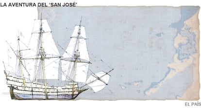 The 'San José', along with a map where the shipwreck is said to be located of the coast of Colombia.