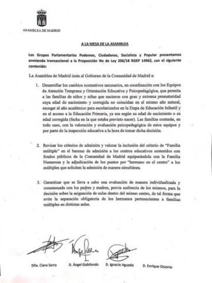 La proposición no de ley aprobada por la Asamblea de Madrid.