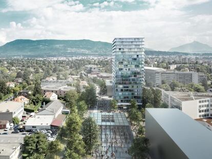 Torre de apartamentos e escritórios em Genebra, o último projeto até agora de Lacaton & Vassal. Nele, os arquitetos puderam aplicar suas ideias a partir do zero, sem precisar remodelar o edifício.