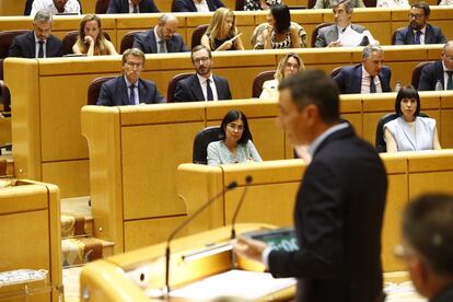 El presidente del PP, Alberto Núñez Feijóo, sigue la comparecencia del presidente del Gobierno, Pedro Sánchez, ante el pleno del Senado.