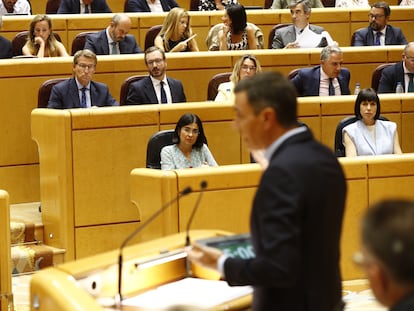 El presidente del PP, Alberto Núñez Feijóo, sigue la comparecencia del presidente del Gobierno, Pedro Sánchez, ante el pleno del Senado.