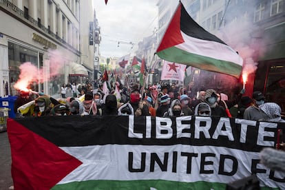 Manifestación en defensa de Palestina y en contra de la participación de Israel en Eurovisión, este sábado en Basilea (Suiza).