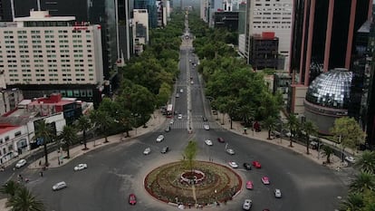 Vista de la glorieta de Paseo de la Reforma donde fue plantado un árbol de ahuehuete en reemplazo de la tradicional palma que fue retirada hace unos días. 